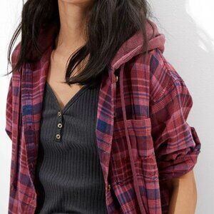 American Eagle Cropped Flannel Hoodie, Women's Size Large, Plaid